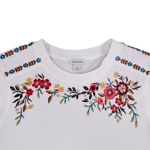 Sundance White Waffle Knit Floral Embroidered Thermal Top Womens Large
